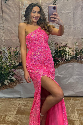 Sparkly Hot Pink Mermaid Sequins One Shoulder Long Formal Dress with Slit