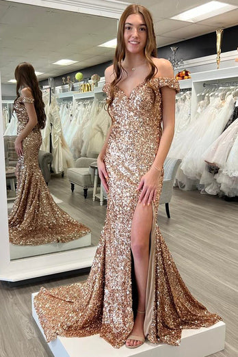 Sparkly Champagne Mermaid Sequins Long Formal Dress with Slit