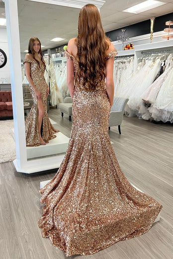 Sparkly Champagne Mermaid Sequins Long Formal Dress with Slit