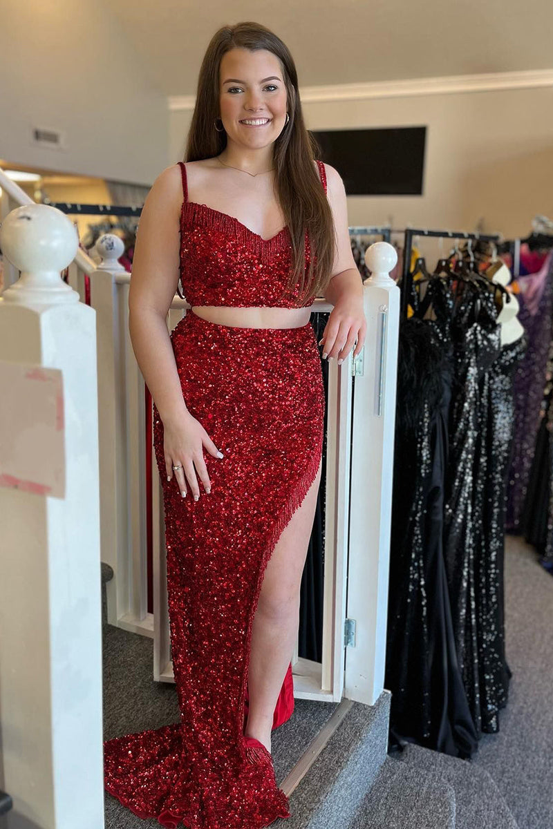 Load image into Gallery viewer, Sparkly Red Sheath Spaghetti Straps Long Formal Dress with Fringes