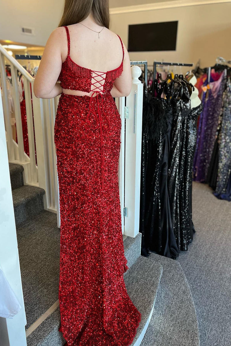 Load image into Gallery viewer, Sparkly Red Sheath Spaghetti Straps Long Formal Dress with Fringes