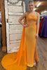 Load image into Gallery viewer, Sparkly Orange Corset One Shoulder Long Formal Dress with Deatchable Train