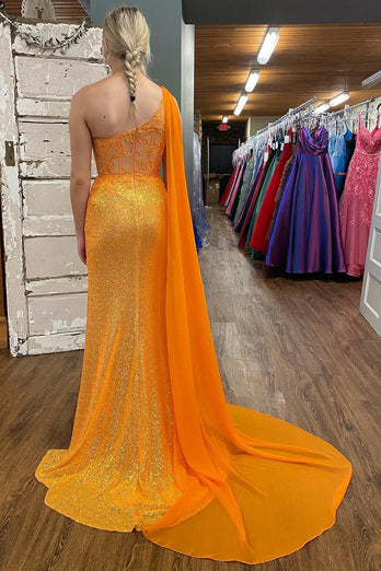 Sparkly Orange Corset One Shoulder Long Formal Dress with Deatchable Train