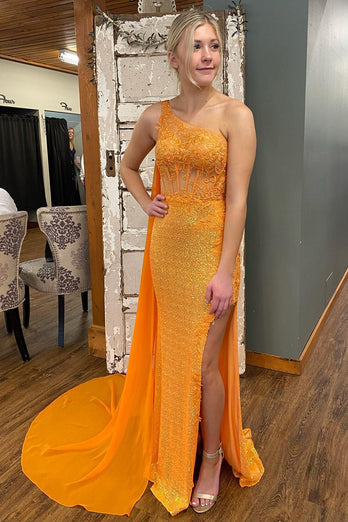 Sparkly Orange Corset One Shoulder Long Formal Dress with Deatchable Train