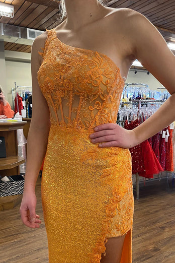 Sparkly Orange Corset One Shoulder Long Formal Dress with Deatchable Train