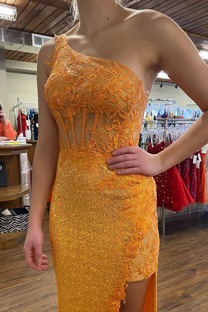 Load image into Gallery viewer, Sparkly Orange Corset One Shoulder Long Formal Dress with Deatchable Train