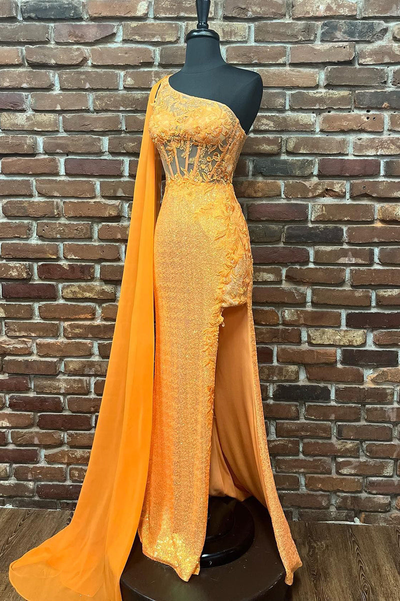 Load image into Gallery viewer, Sparkly Orange Corset One Shoulder Long Formal Dress with Deatchable Train