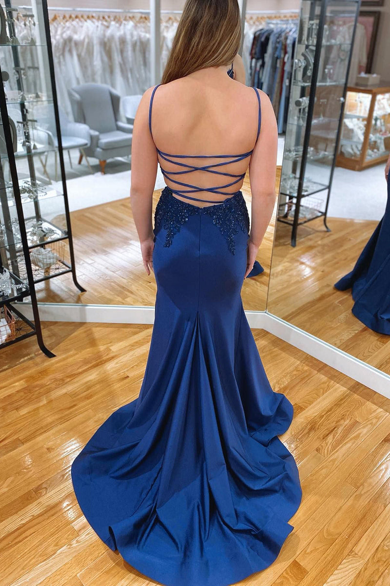 Load image into Gallery viewer, Sparkly Navy Mermaid Long Formal Dress with Appliques