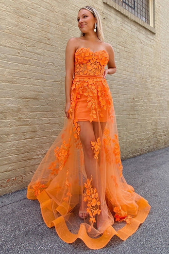 Orange Sheath Corset Long Formal Dress with Appliques