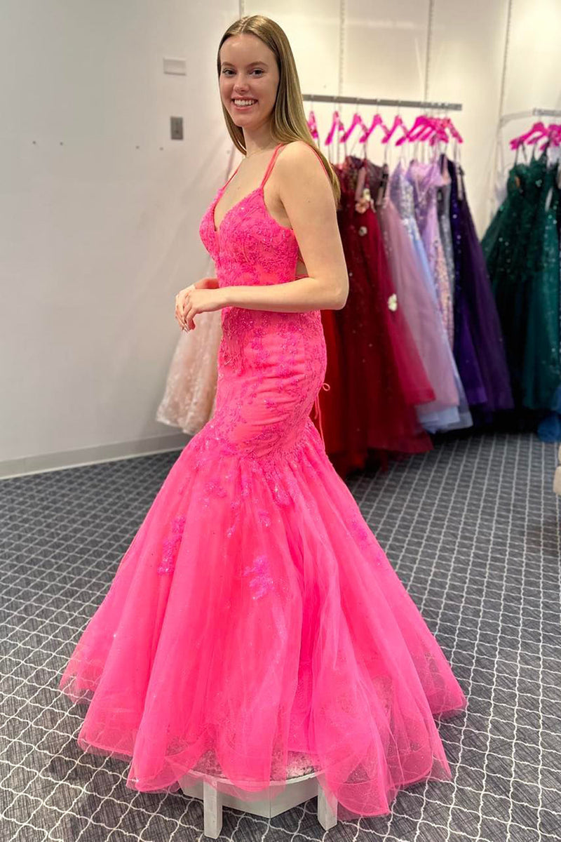 Load image into Gallery viewer, Hot Pink Mermaid Spaghetti Straps Long Formal Dress with Lace