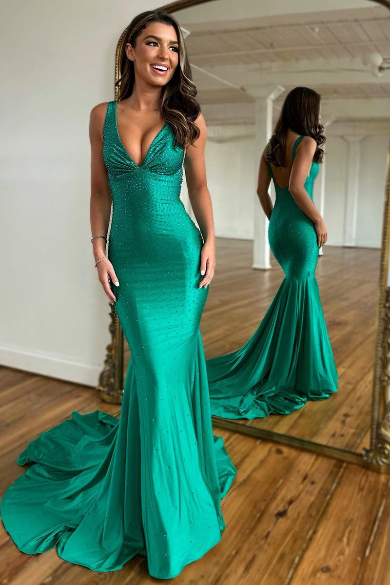 Load image into Gallery viewer, Sparkly Green Beaded Mermaid V-Neck Backless Long Formal Dress
