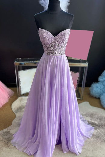 Lilac Corset A-Line Sweetheart Long Chiffon Formal Dress with Slit