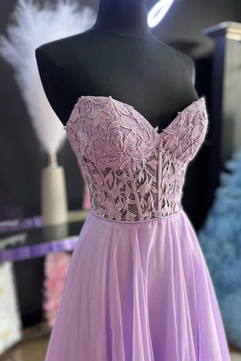 Lilac Corset A-Line Sweetheart Long Chiffon Formal Dress with Slit