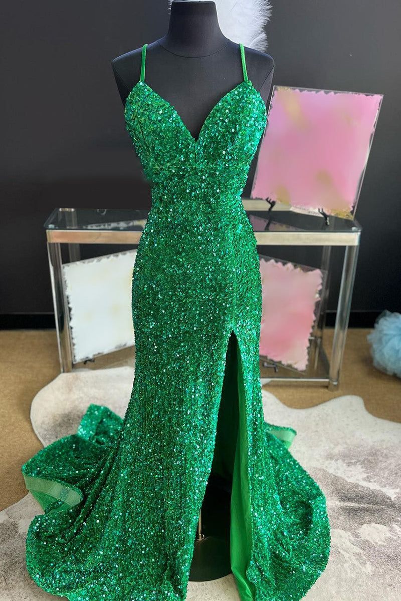 Load image into Gallery viewer, Sparkly Emerald Green Mermaid Long Sequins Formal Dress with Slit