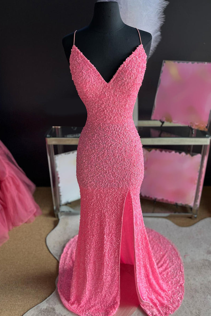 Load image into Gallery viewer, Sparkly Pink Mermaid Long Sequins Formal Dress with Slit