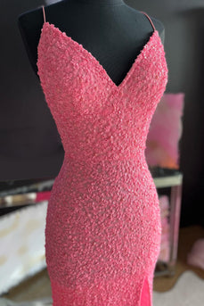 Sparkly Pink Mermaid Long Sequins Formal Dress with Slit