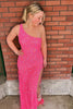 Load image into Gallery viewer, Sparkly Pink Sequins One Shoulder Long Formal Dress with Feathers