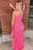 Load image into Gallery viewer, Sparkly Pink Sequins One Shoulder Long Formal Dress with Feathers