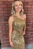 Load image into Gallery viewer, Sparkly Golden Sequins One Shoulder Long Formal Dress with Fringes