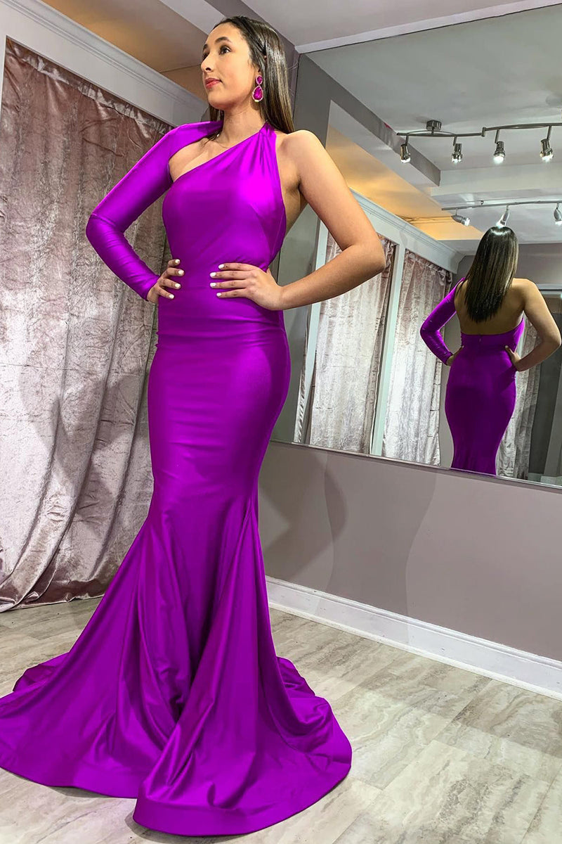 Load image into Gallery viewer, Grape Mermaid One Shoulder One Sleeve Long Formal Dress