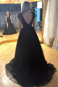 Sparkly A-Line Black Sequins Long Formal Dress with Slit