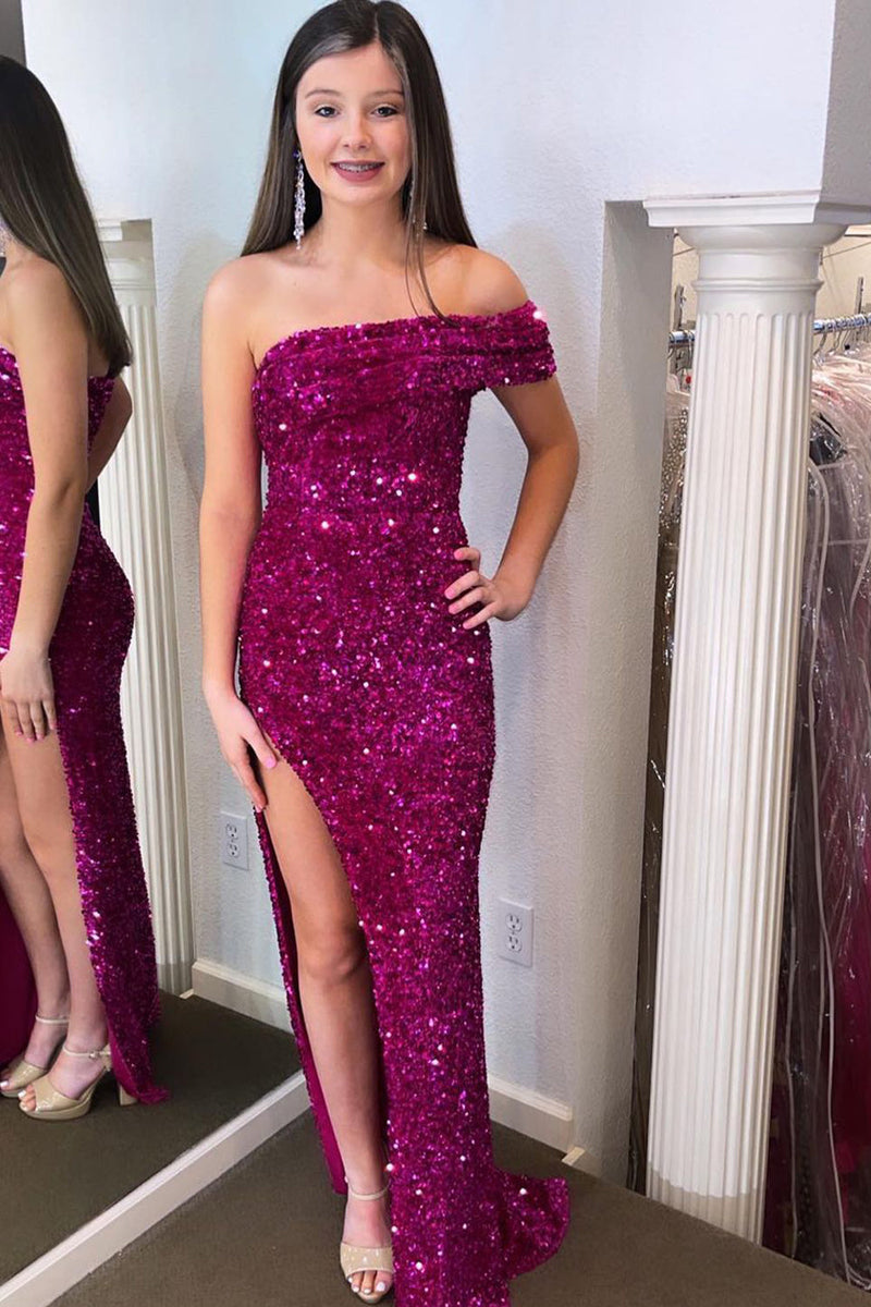 Load image into Gallery viewer, Fuchsia Sparkly One Shoulder Sheath Sequins Long Formal Dress with Slit