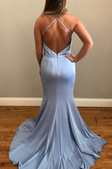 Simple Light Blue Halter Mermaid Long Backless Formal Dress