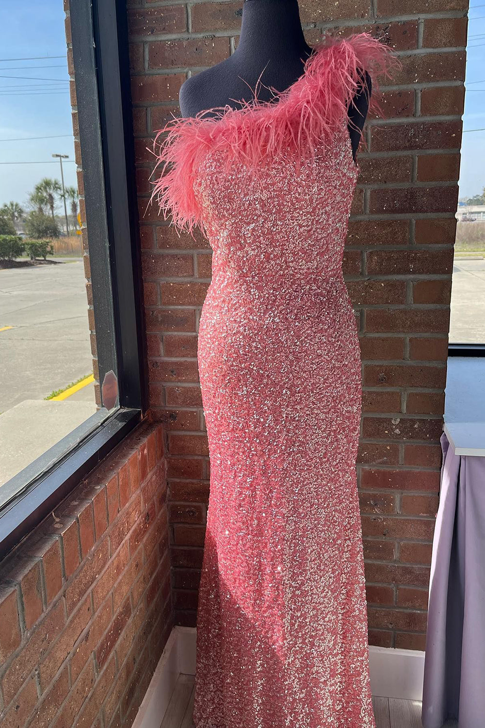 Sparkly Pink Sequins Long Formal Dress with Feathers