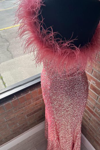 Sparkly Pink Sequins Long Formal Dress with Feathers