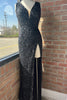 Load image into Gallery viewer, Sparkly Black Sequins Lace-Up Back Long Formal Dress with Slit