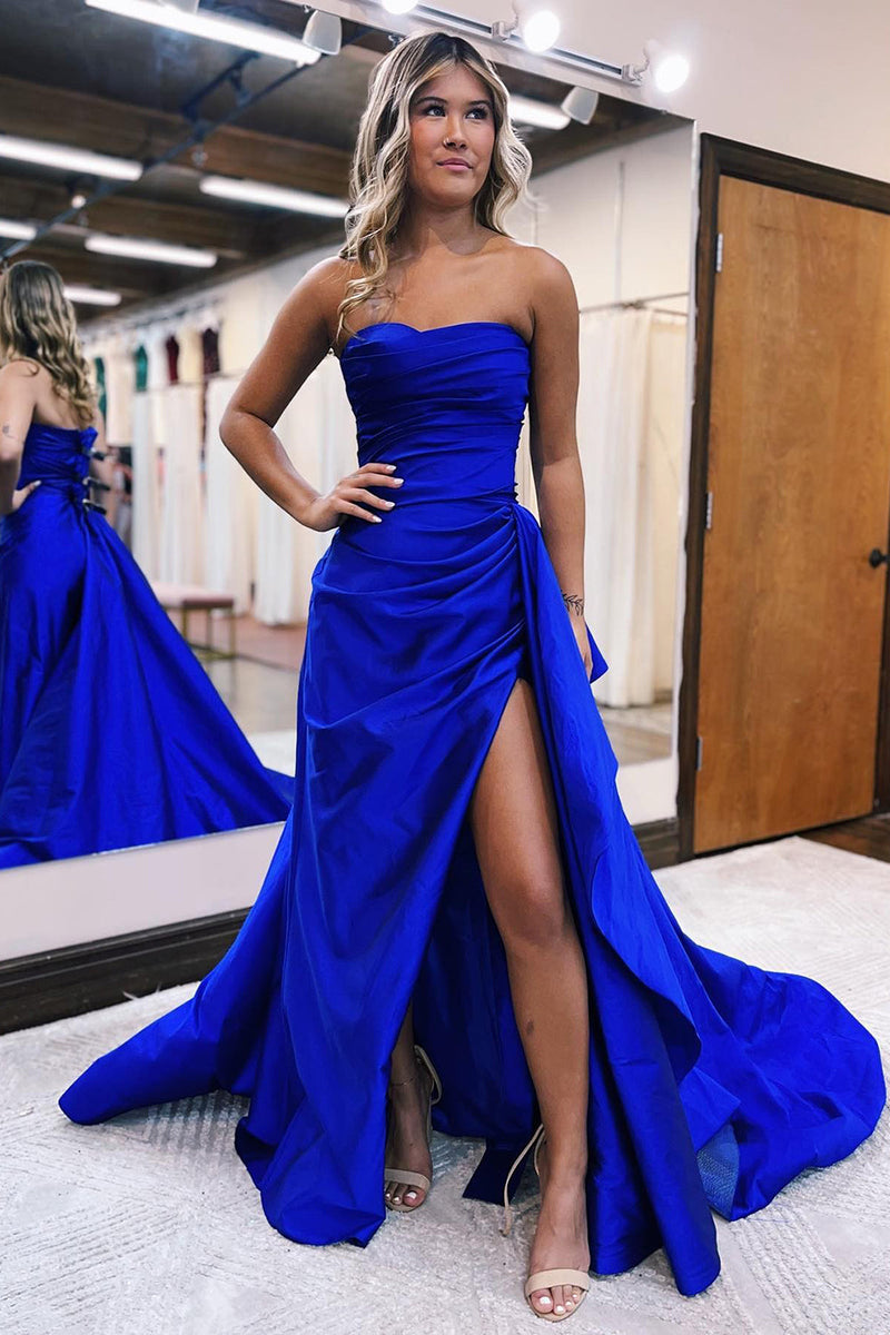 Load image into Gallery viewer, Royal Blue Sheath Strapless Long Formal Dress with Slit