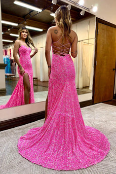 Sparkly Hot Pink Mermaid Sequins Long Formal Dress with Slit