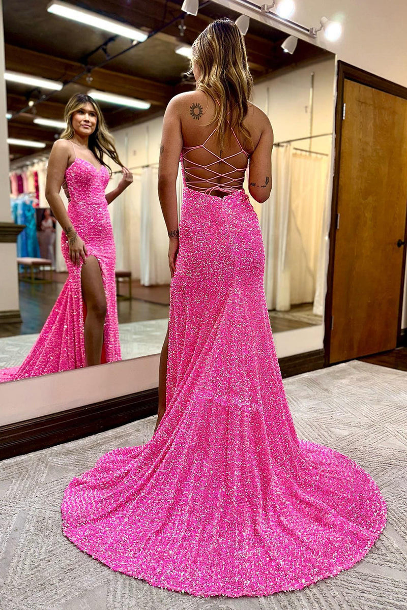 Load image into Gallery viewer, Sparkly Hot Pink Mermaid Sequins Long Formal Dress with Slit