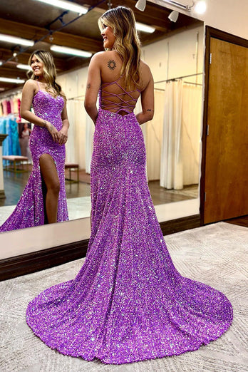 Sparkly Hot Pink Mermaid Sequins Long Formal Dress with Slit