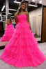 Load image into Gallery viewer, Hot Pink A-Line Tiered Tulle Long Formal Dress