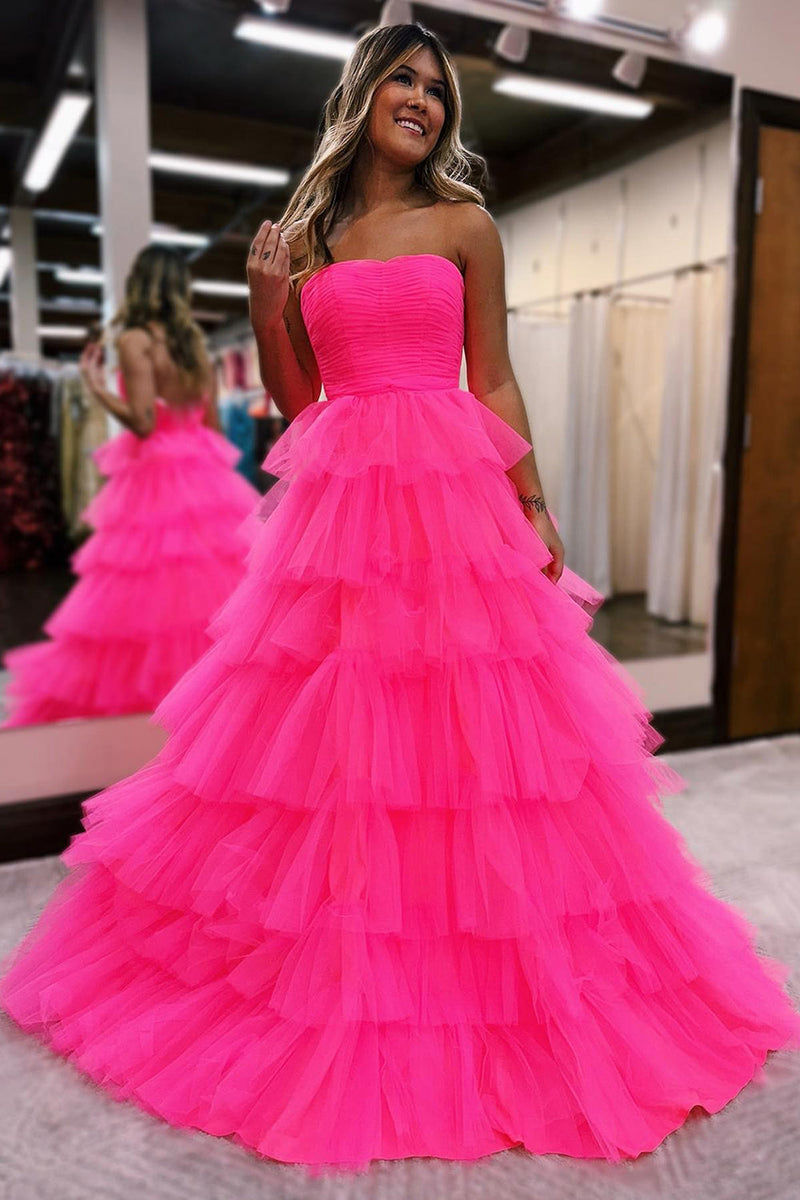 Load image into Gallery viewer, Hot Pink A-Line Tiered Tulle Long Formal Dress