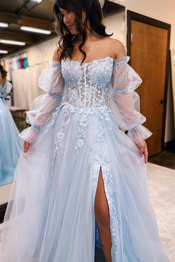 Light Blue Puff Sleeves Corset Long Formal Dress with Lace