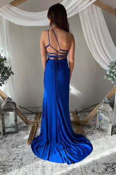 One Shoulder Lace-Up Back Royal Blue Long Formal Dress with Slit