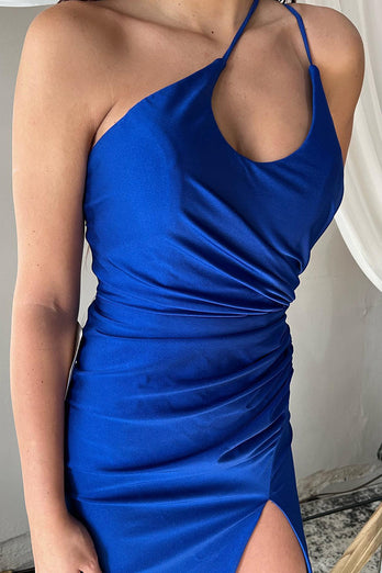 One Shoulder Lace-Up Back Royal Blue Long Formal Dress with Slit