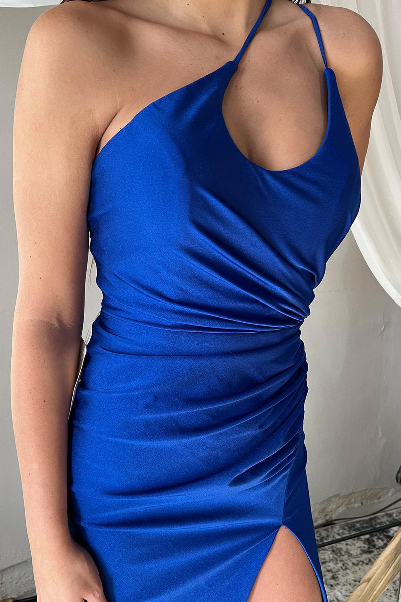 Load image into Gallery viewer, One Shoulder Lace-Up Back Royal Blue Long Formal Dress with Slit