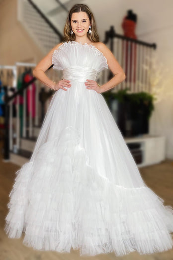 Tulle Strapless White Long Formal Dress