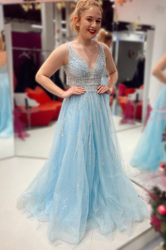 Deep V-Neck Sparkly Light Blue Long Formal Dress