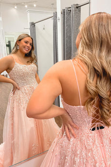 Plus Size Spaghetti Straps Light Pink Long Formal Dress with Appliques