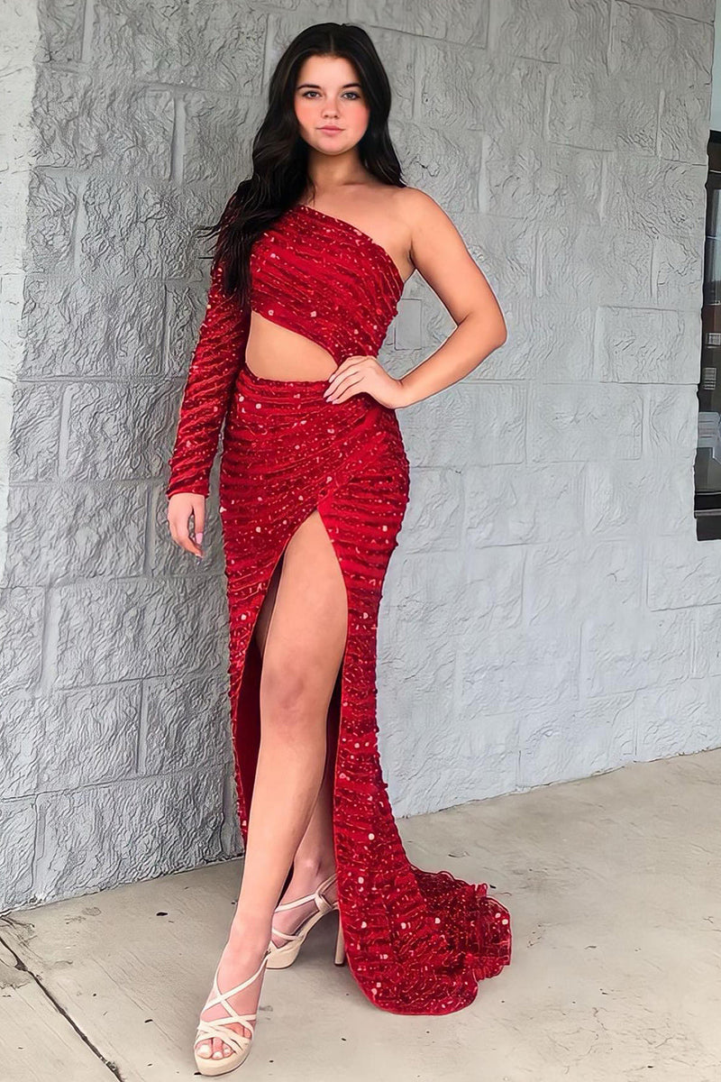 Load image into Gallery viewer, One Shoulder Sparkly Mermaid Sequins Red Long Formal Dress with Slit