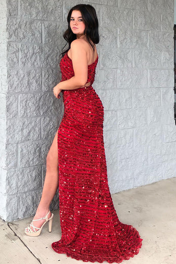 One Shoulder Sparkly Mermaid Sequins Red Long Formal Dress with Slit