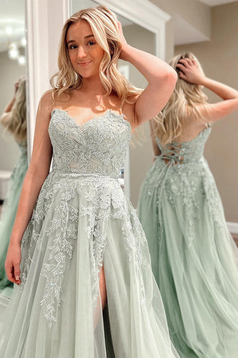 Sweetheart Beaded Light Green Long Formal Dress with Slit Front