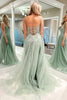 Load image into Gallery viewer, Sweetheart Beaded Light Green Long Formal Dress with Slit Front