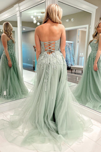 Sweetheart Beaded Light Green Long Formal Dress with Slit Front