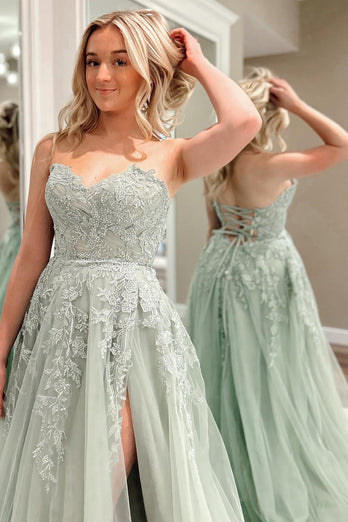 Sweetheart Beaded Light Green Long Formal Dress with Slit Front