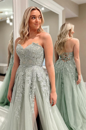 Sweetheart Beaded Light Green Long Formal Dress with Slit Front